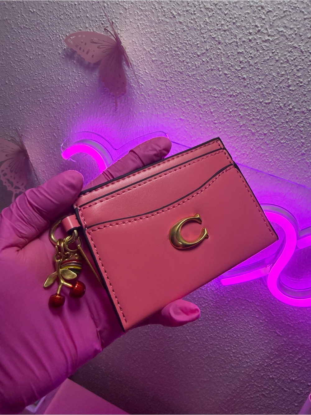 Pink Leather Card Holder with Gold 'C' and Cherry Charm
